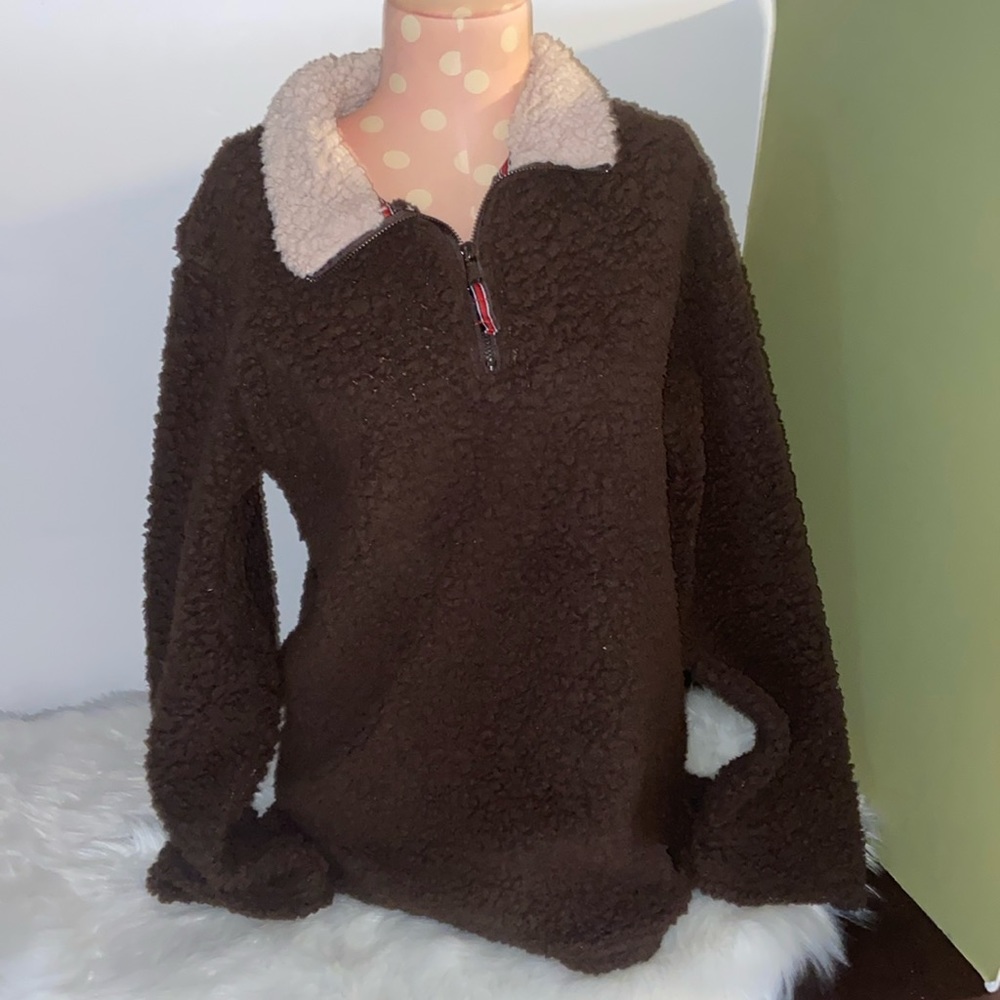 Sherpa zipper pullover brown beige soft plush teddy jacket  L large